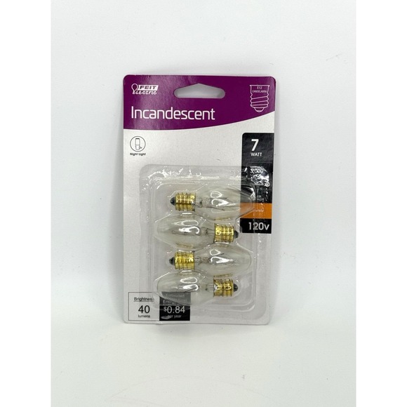 Feit Electric Incandescent Night Light Bulbs 7W C7 E12 Base 4Pack 120V 2700K New - Picture 1 of 3